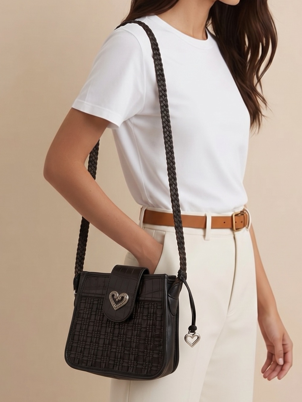 Brighton 108054 Black Woven Crossbody leather Bag with Heart Accent